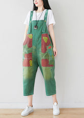 Boutique Green Pockets Patchwork Print Denim Jumpsuits Pants